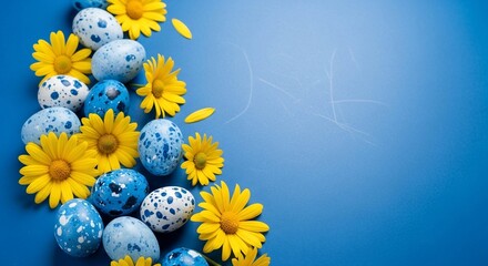 Easter eggs and daisies on blue background with copy space.