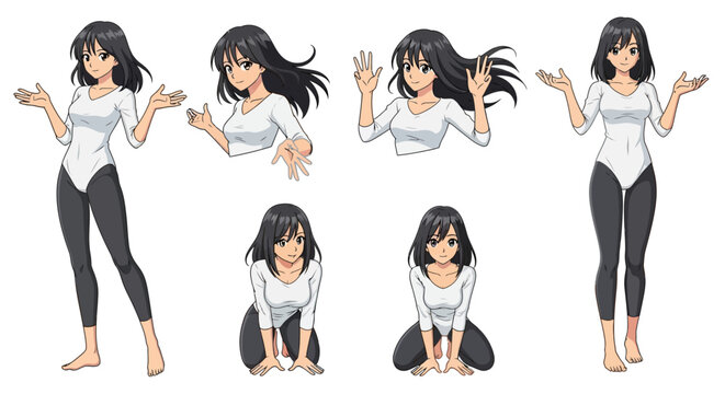 Anime woman in various poses for commercial design projects