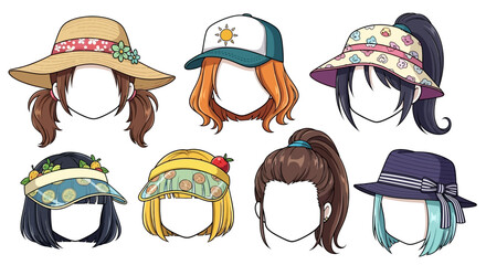 Cartoon women wearing various colorful hats and caps
