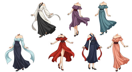 Elegant cartoon women in various colorful formal dresses dancing