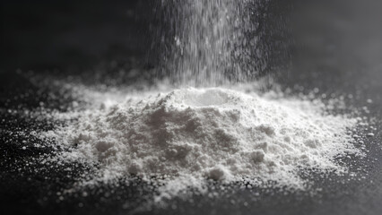 A fine white powder is falling onto a mound, creating a dramatic effect against a dark background.