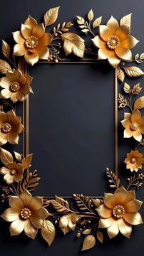 Elegant golden floral frame against a dark gray background, perfect for text or image overlay, suitable for invitations or announcements