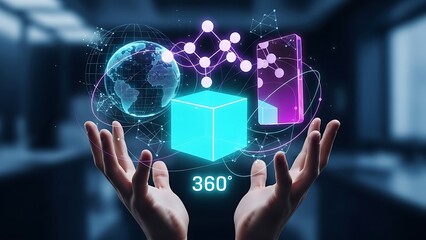 Hands holding glowing digital globe cube smartphone with 360 degree symbol and network connections