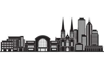 Obraz premium A black and white illustration of a city skyline with modern and historic buildings