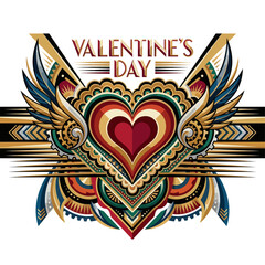 Fototapeta premium Art Deco Winged Heart Emblem, Valentine Lettering and Geometric Ribbons in Bold Crest Style
