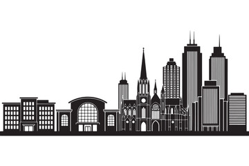 Naklejka premium A black and white illustration of a city skyline with a church in the center