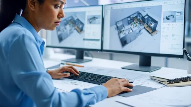 Focused female architect working on two computer screens with interior design blueprints, using keyboard and mouse, modern office setting.