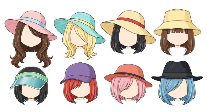 Cartoon women wearing various colorful hats and hairstyles