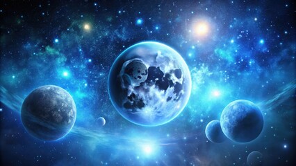 Obraz premium Celestial Bodies Orbiting in a Vibrant Nebula, Illuminated by Distant Stars and Glowing Interstellar Dust