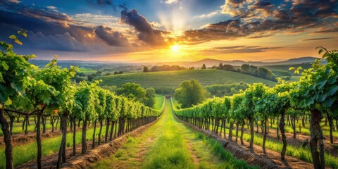 Fototapeta premium Serene Vineyard Pathway at Sunset Rows of Lush Grapevines Leading to a Golden Horizon