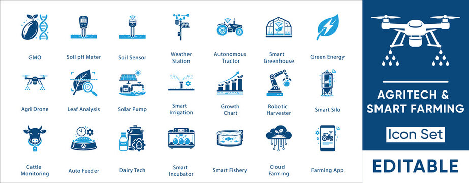 Agritech and smart farming icon set. Containing drone, tractor, greenhouse, irrigation, soil sensor, harvester, robot and more. Solid vector icons collection.