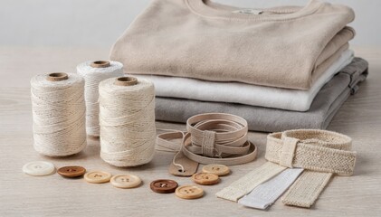 Medium shot focusing on ecofriendly biodegradable threads and trims in everyday basics illustrating sustainable production in essential wardrobe staples.