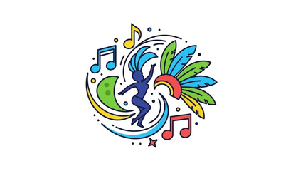 Obraz premium Vibrant illustration of a dancing blue bird surrounded by colorful music notes and feathers on a white background with a lively and playful mood.