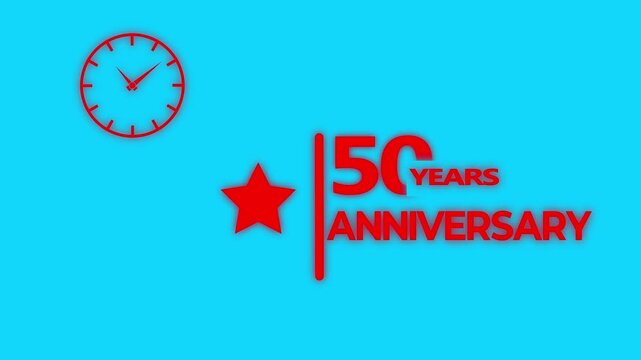 50 years anniversary motion graphic 4K footage with star. Animated design showing a clock and star symbol with 50 years anniversary text on green background.