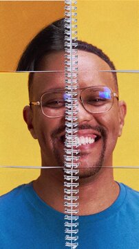 Promo video. Dual personality portrait divided by notebook spine. Concept of inner contrast, self perception, emotional duality, modern identity, and experimental portrait collage aesthetics.