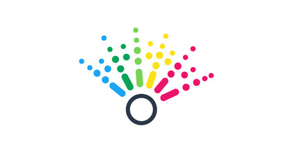 Obraz premium Colorful graphic design element with multicolored dots radiating from a black circle on a white background.