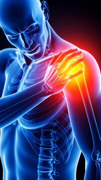 Digital rendering of a human torso skeleton with shoulder inflammation, joint injury and pain in red and yellow on black backdrop.