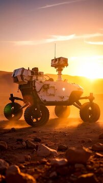 Exploration vehicle traversing rocky terrain at sunset, white mobile scientific rover with instruments and antenna in desolate landscape