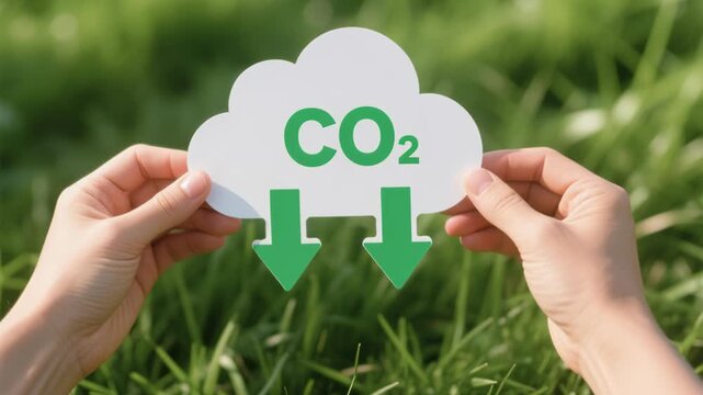 Carbon dioxide sustainability monitoring. CO2 emission tracking and analytics environmental footprint supporting ESG goals promoting carbon neutrality with cloud arrow for sustainable future