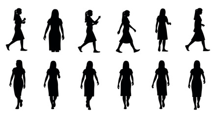 Silhouette illustrations of women in various poses on white background