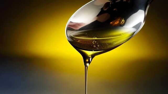 Golden olive oil slowly pouring from a silver spoon with a thick droplet, glistening against a bright yellow background