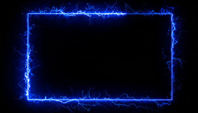 Minimal abstract rectangle made of blue lightning on black background, mysterious shape, glowing