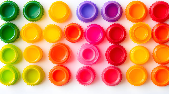 Colorful Plastic Bottle Caps Arranged in Rows on White Background
