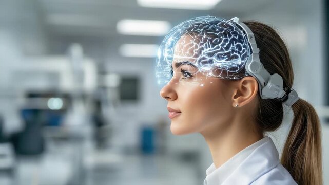 A person wears a device that connects to their brain while researchers monitor brain activity. The focus is on studying how technology aids in communication