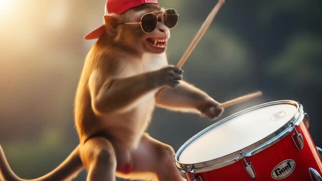 Cool Monkey Drummer Playing Music with Red Cap and Sunglasses.