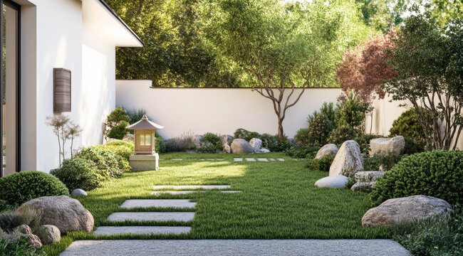 A peaceful summer garden with green grass, trees, a winding path, and a small gazebo near a house under a blue sky