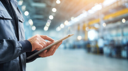Technician uses a digital tablet computer to oversee factory operations within a vast industrial manufactu plant environment today.