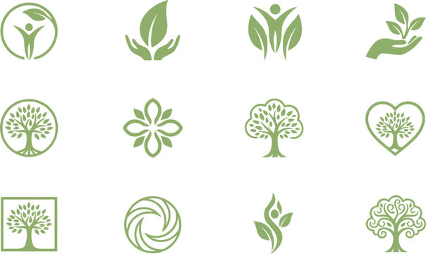 Green eco nature icon set with leaves trees hands symbols for sustainability organic environment branding design vector collection