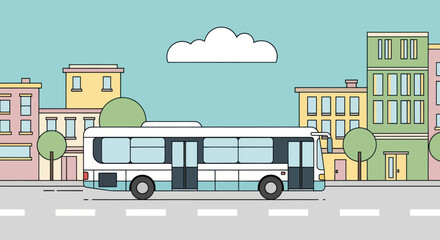 Modern city bus driving on street in front of buildings. © A B I G A I L