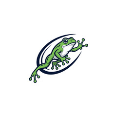 A green frog jumping through a circular motion with a white background