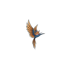 Obraz premium A vibrant bird with orange and blue feathers flies through the air swiftly.