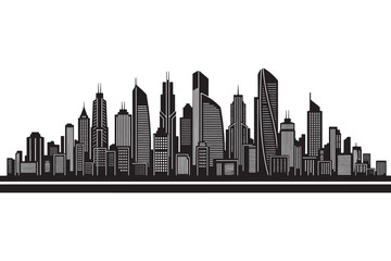 Obraz premium A black and white illustration of a modern city skyline with tall buildings and skyscrapers