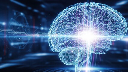 Ultra realistic artificial intelligence brain made of glowing neural networks, futuristic science concept, dark background, cinematic lighting, shallow depth of field, professional stock photo