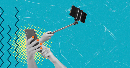 Art collage showing hands holding a smartphone and a selfie stick against a bright blue background...