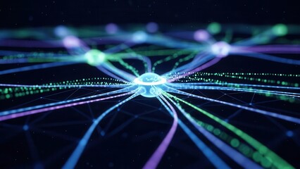 Futuristic AI server room with glowing data streams and modern technology infrastructure, realistic lighting, clean composition, professional stock image