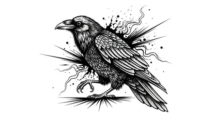 Obraz premium Stylized black bird with ink splatter and wavy lines