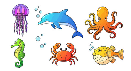 Fototapeta premium Collection of cute sea creatures, cartoon style