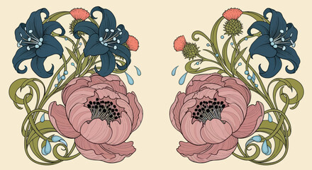 Art Nouveau floral ornament with blue lilies and pink peonies. © A B I G A I L