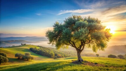 Fototapeta premium Serene Sunrise Over Rolling Hills, Majestic Tree Silhouetted Against Golden Light, Peaceful Pastoral Landscape