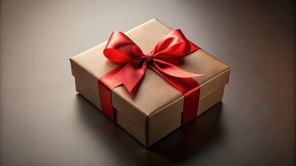 Obraz premium A luxuriously wrapped gift box, adorned with a vibrant red ribbon, sits elegantly on a dark surface, ready for a special occasion.