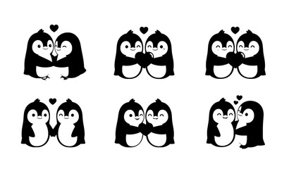 Kawaii penguin couple vector illustration set with romantic cute poses isolated on white © Sadman