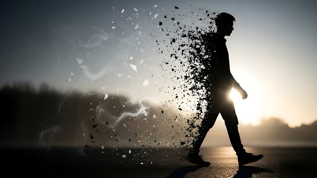 Silhouette of a man disintegrating into particles against a sunset backdrop