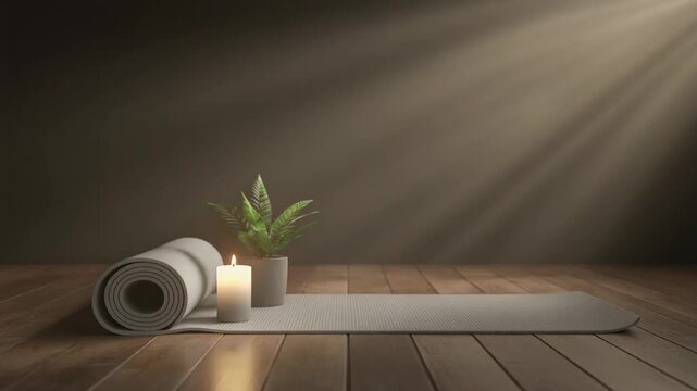 Serene Yoga and Meditation Setup with Mat, Lit Candle, and Green Plant on Wooden Floor Bathed in Sunlight. Calm and Relaxing Background for Wellness and Mindfulness.