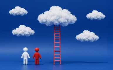 Two figures, one red, one white, stand before ladder reaching toward cloud in blue sky.