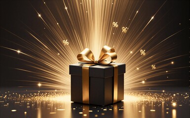 Golden gift box radiates light, surrounded by sparkling percentages and luxury vibes.