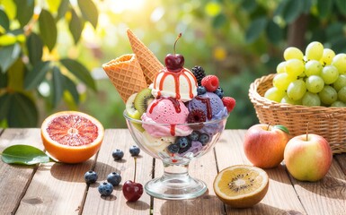 Colorful ice cream sundae topped with fruits, waffle cone, and cherries on wooden table.